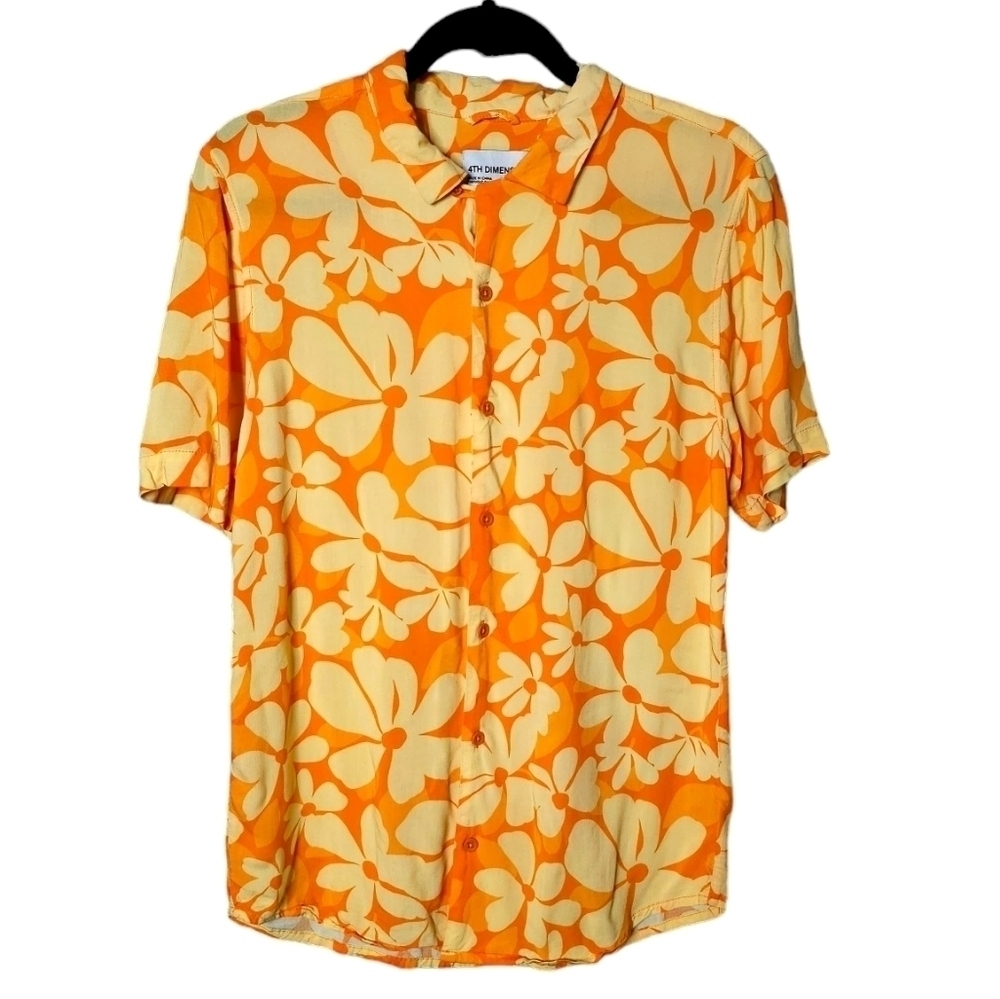 Orange Yellow Hawaiian Style Super Soft Short Sleeve Beach Shirt men's small